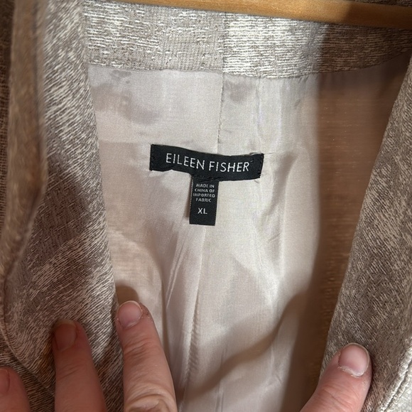 Eileen Fisher Taupe Silver Illusion Jacquard Open Front Long Coat Jacket XL - Picture 6 of 11